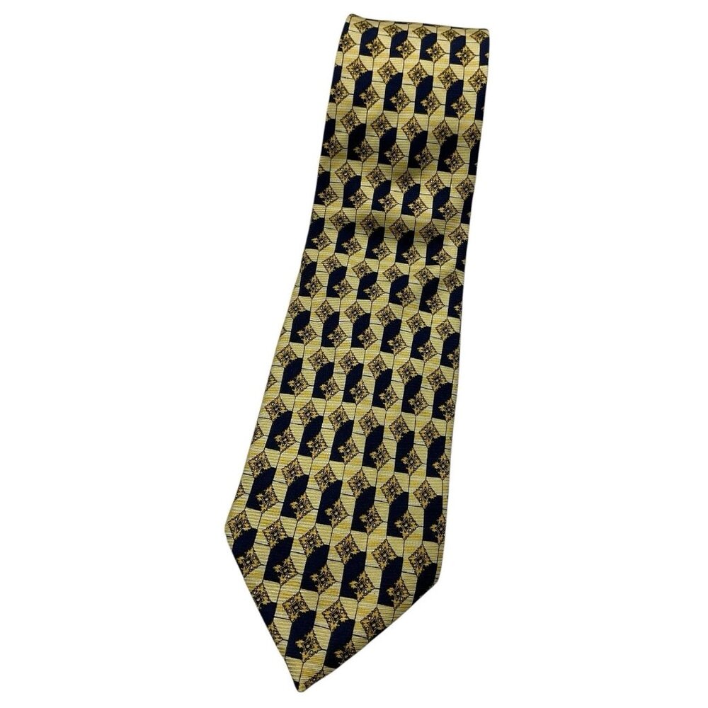 CRAVATTIFICIO DI SIENA Men's Silk Tie LUXURY Navy Yellow Geometric  W:3.8" EUC